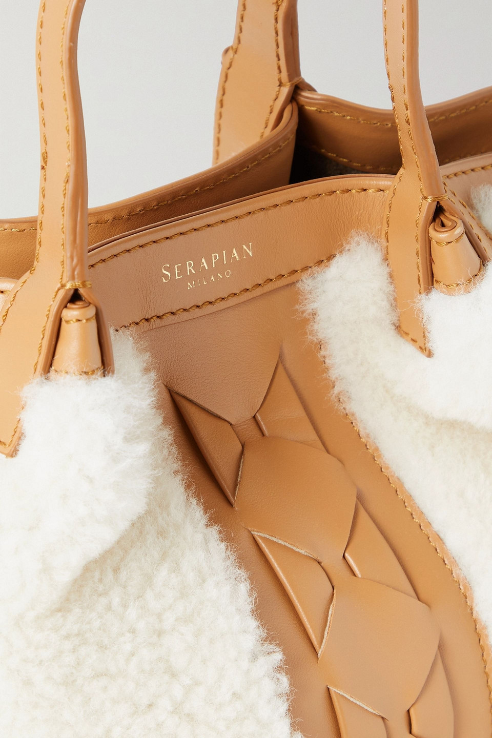 Serapian Secret Mini Leather-trimmed Shearling Tote In Light Brown