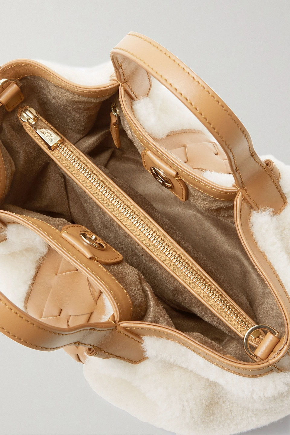 Serapian Secret Mini Leather-trimmed Shearling Tote In Light Brown