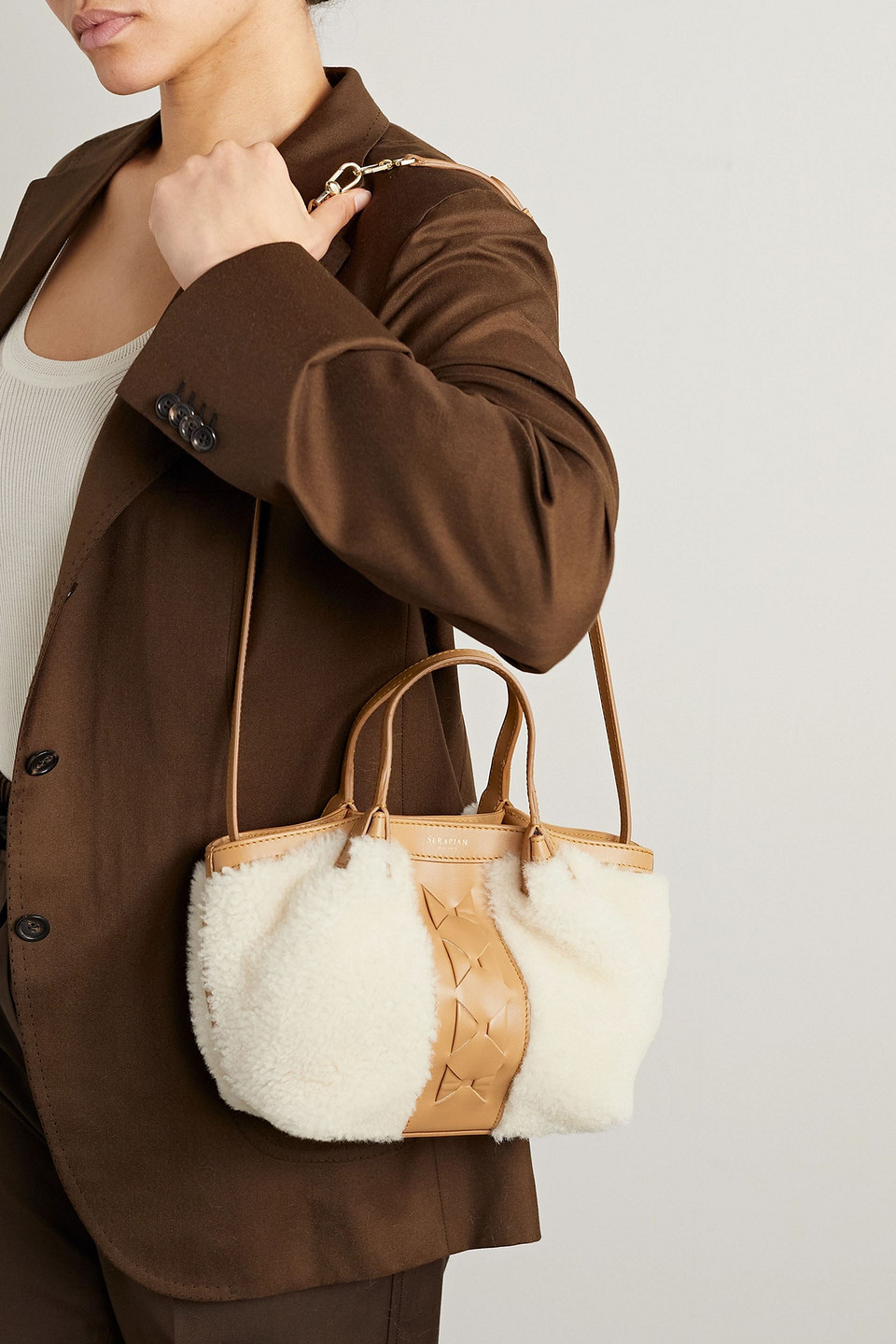 Serapian Secret Mini Leather-trimmed Shearling Tote In Light Brown