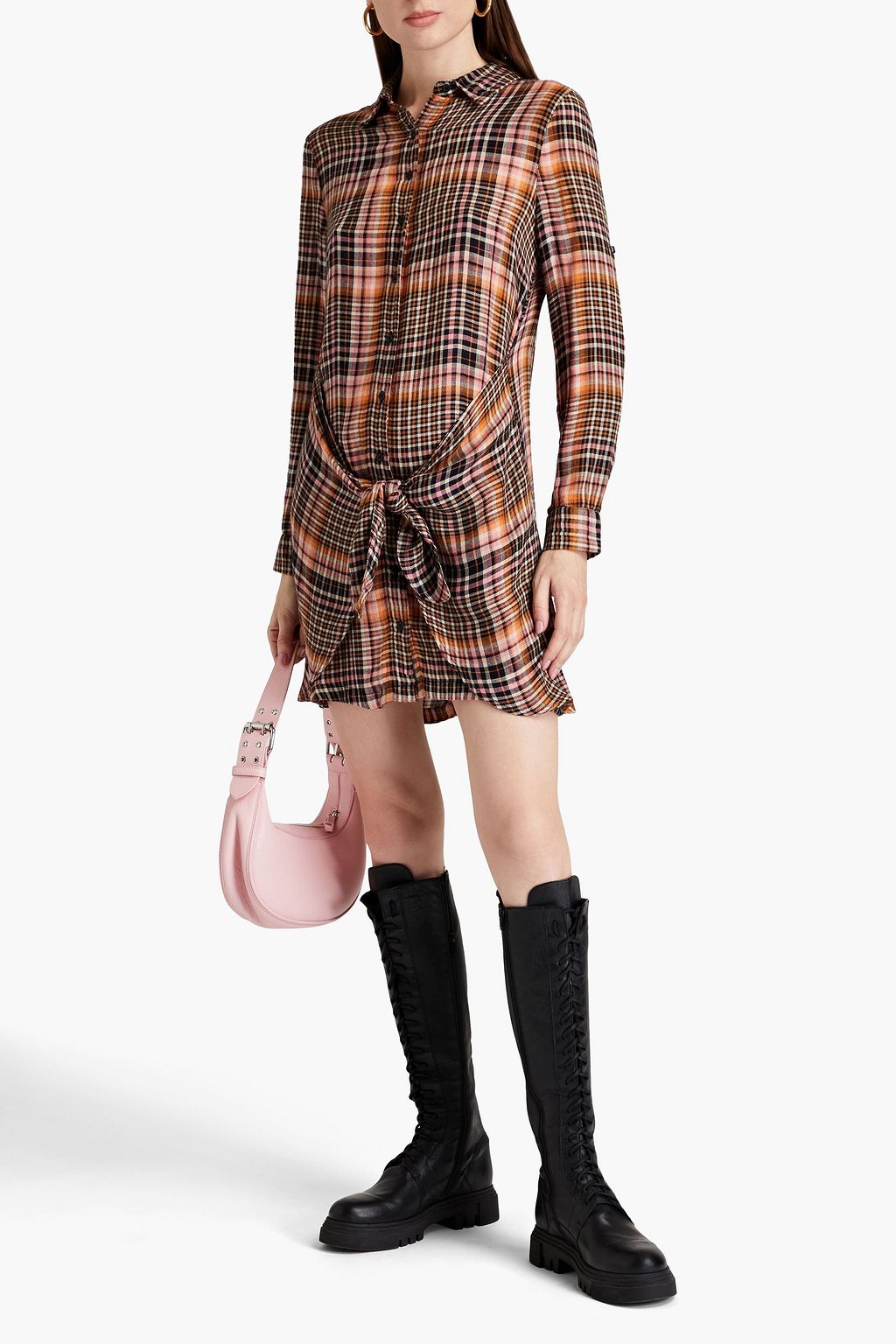WALTER BAKER Knotted gingham woven mini shirt dress