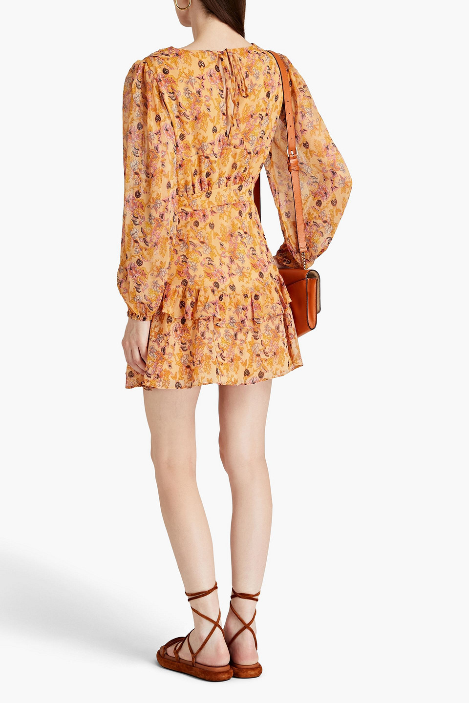 Walter Baker Mishka Floral Long Sleeve Crinkle Chiffon Minidress In Pastel Orange