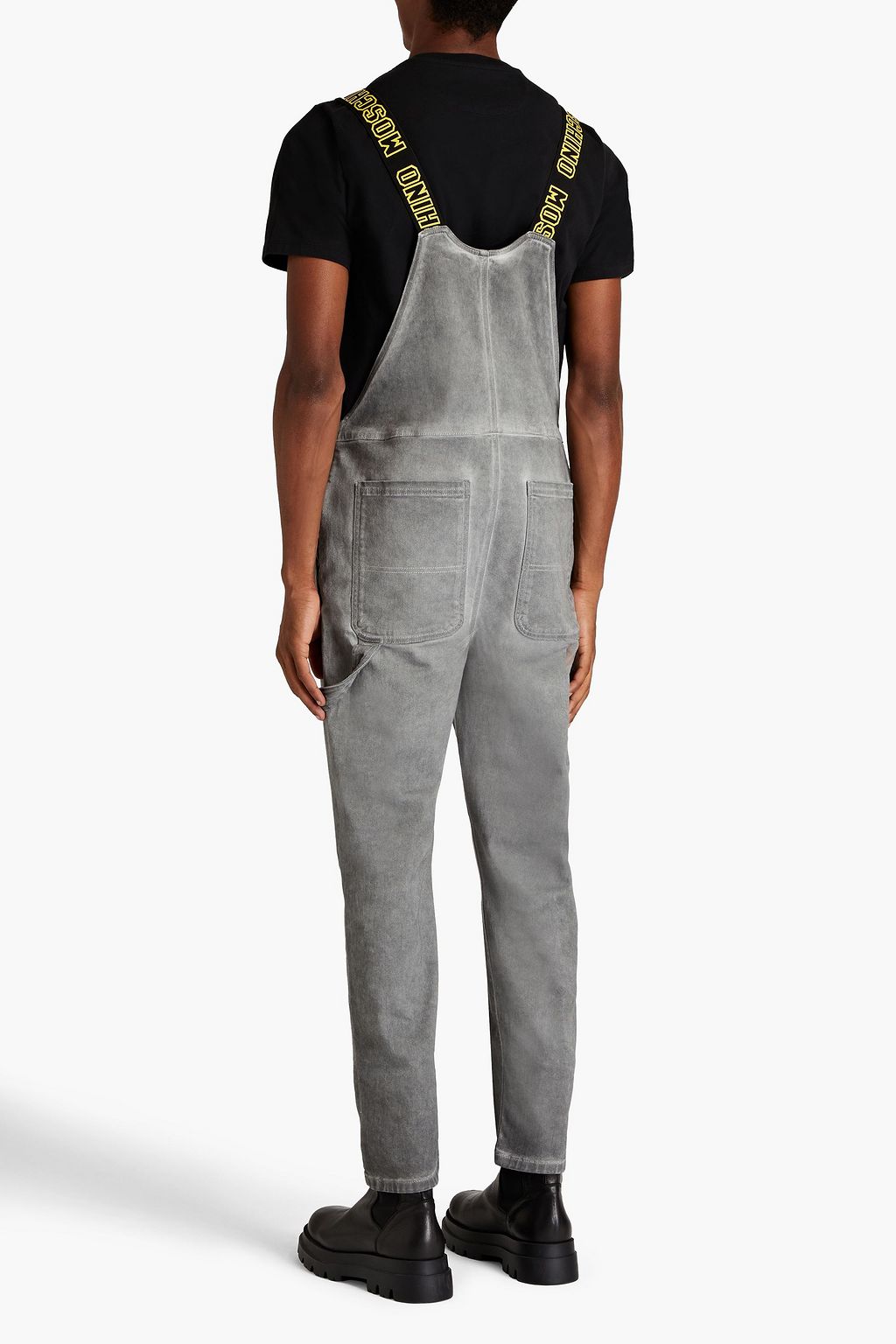MOSCHINO Logo-embroidered faded denim overalls