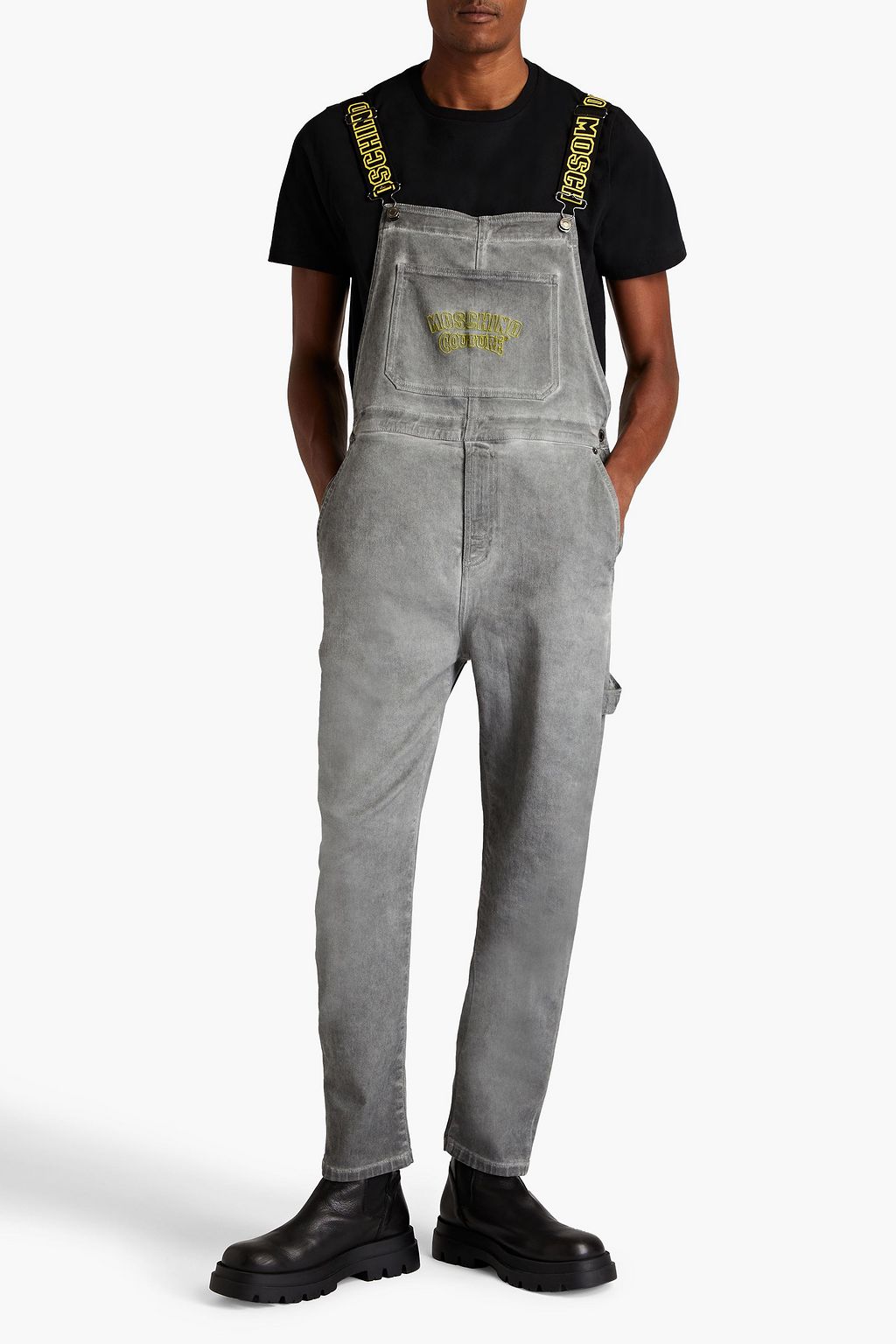 MOSCHINO Logo-embroidered faded denim overalls