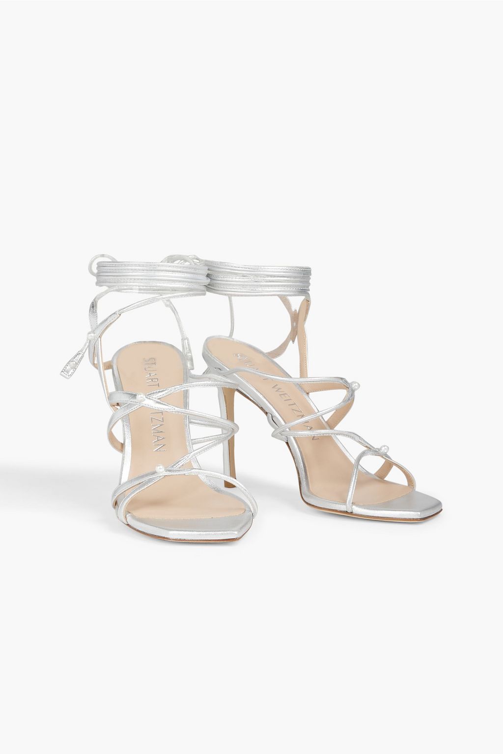 STUART WEITZMAN Astrid 100 faux pearl-embellished metallic leather sandals