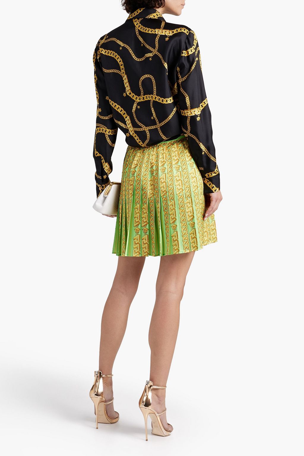 VERSACE Pleated printed satin-twill mini skirt