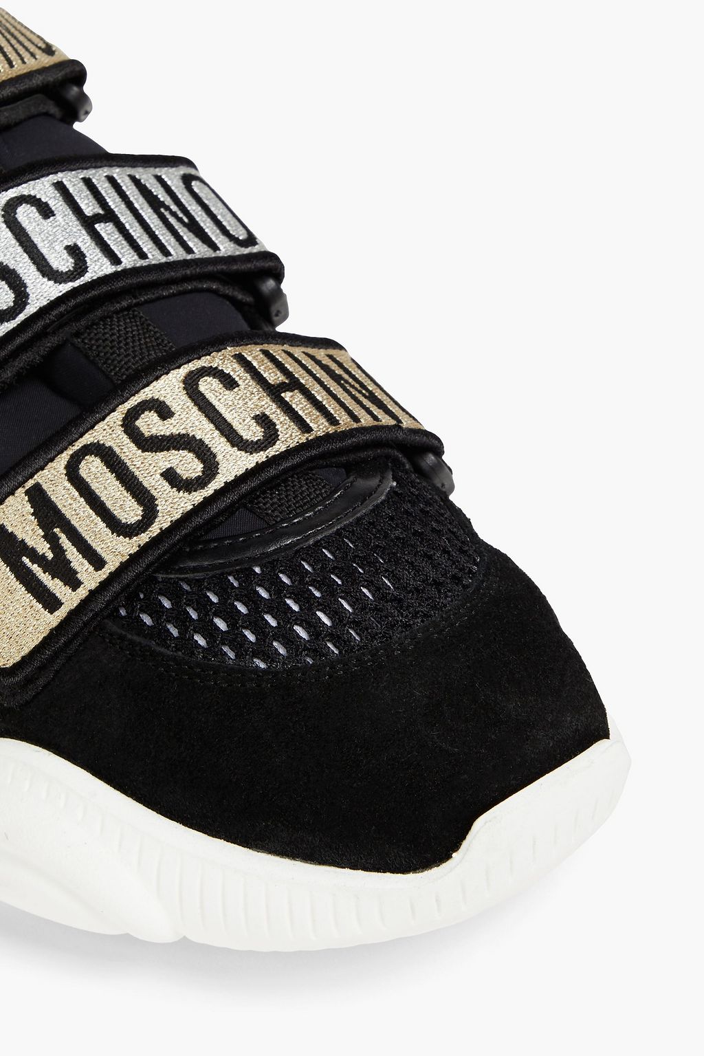 MOSCHINO Jacquard-trimmed suede, mesh and neoprene sneakers | THE OUTNET