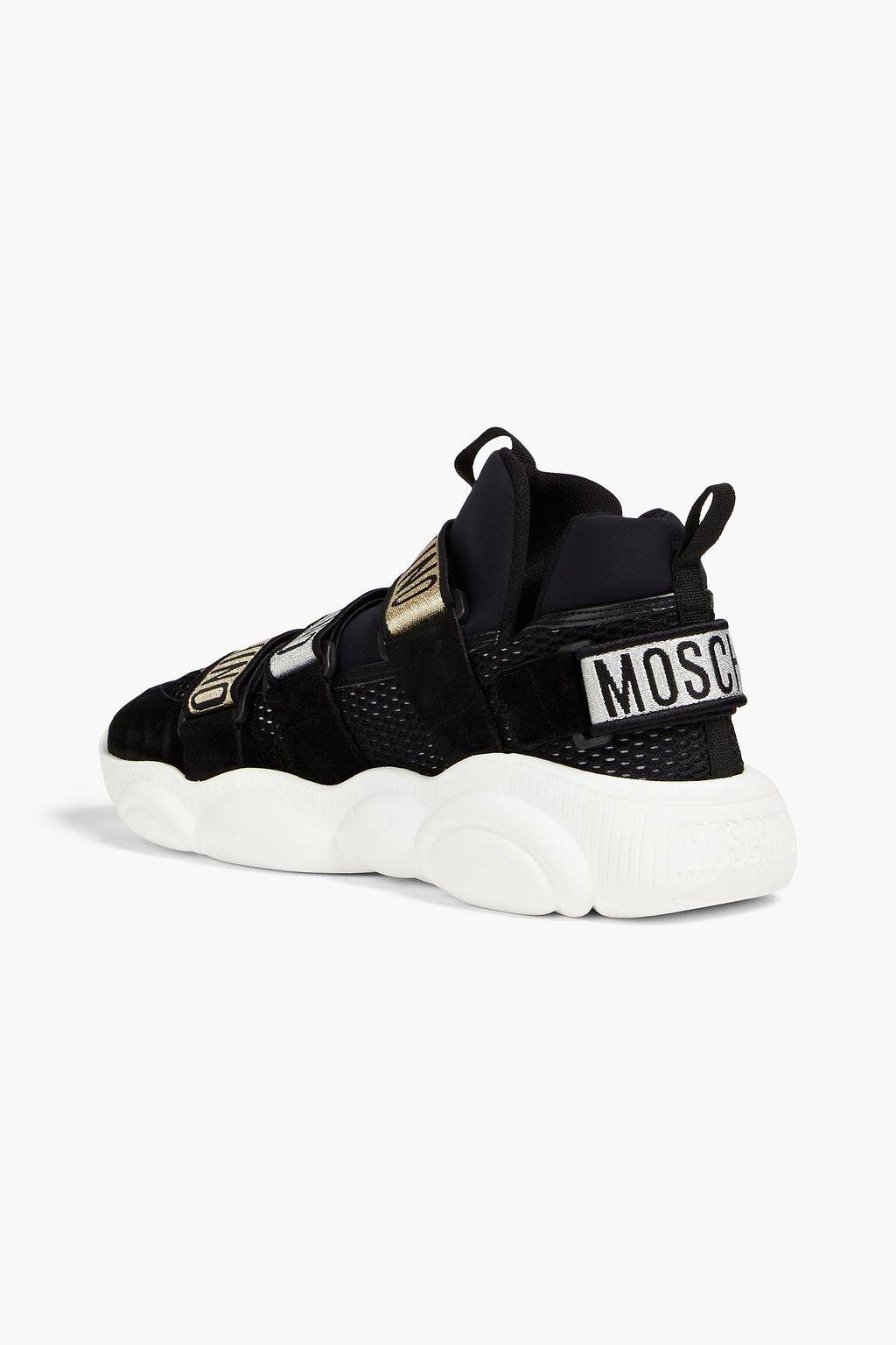 MOSCHINO Jacquard-trimmed suede, mesh and neoprene sneakers | THE OUTNET