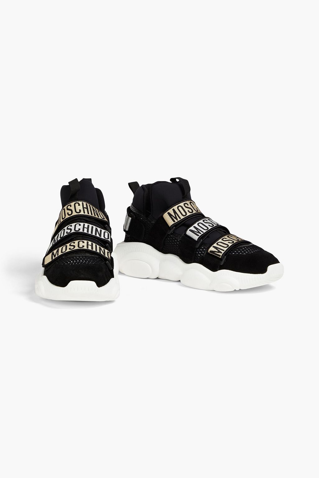 MOSCHINO Jacquard-trimmed suede, mesh and neoprene sneakers