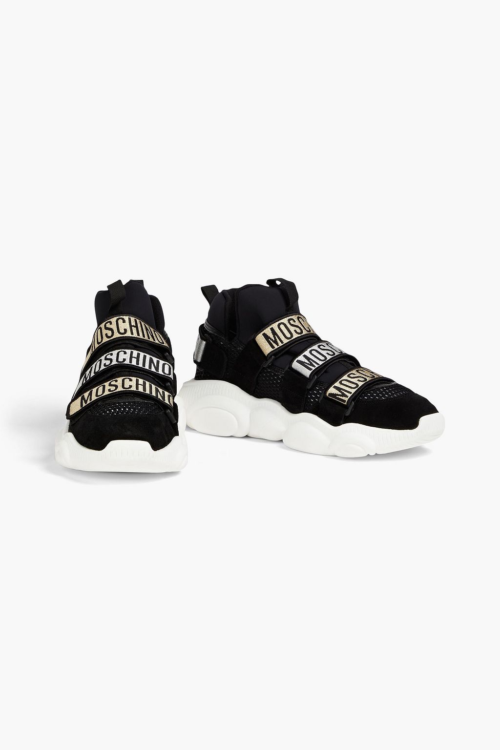 MOSCHINO Jacquard-trimmed suede, mesh and neoprene sneakers | THE OUTNET