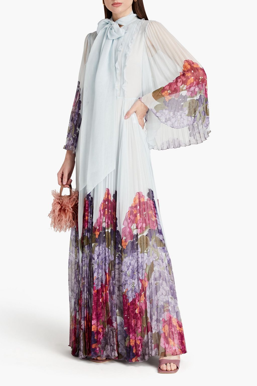 VALENTINO GARAVANI Pintucked floral-print plissé silk-chiffon maxi