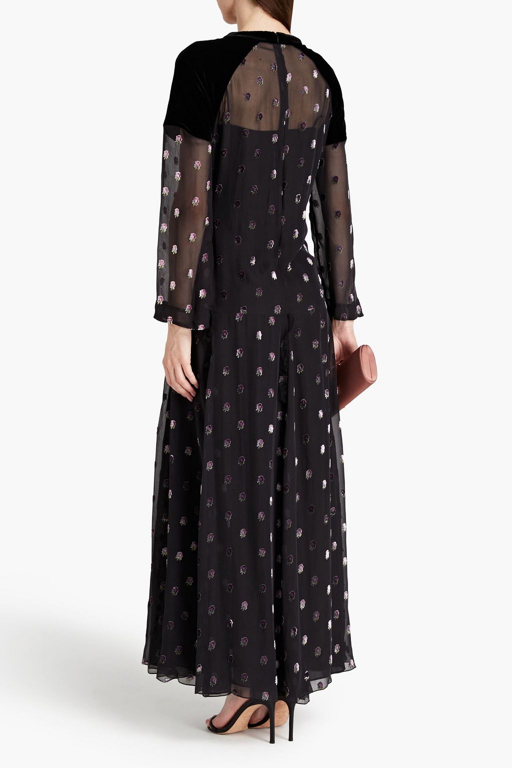 VALENTINO GARAVANI フィルクーペ シルク混ボイル ロングドレス ベルベットパネル