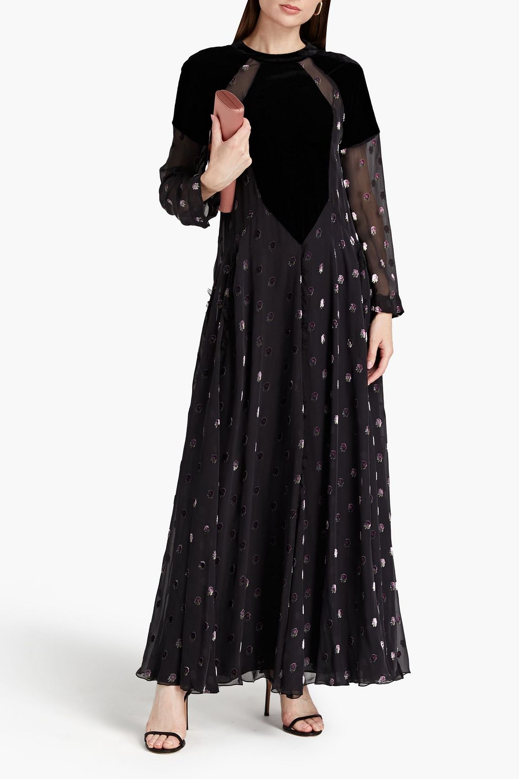 VALENTINO GARAVANI フィルクーペ シルク混ボイル ロングドレス ベルベットパネル