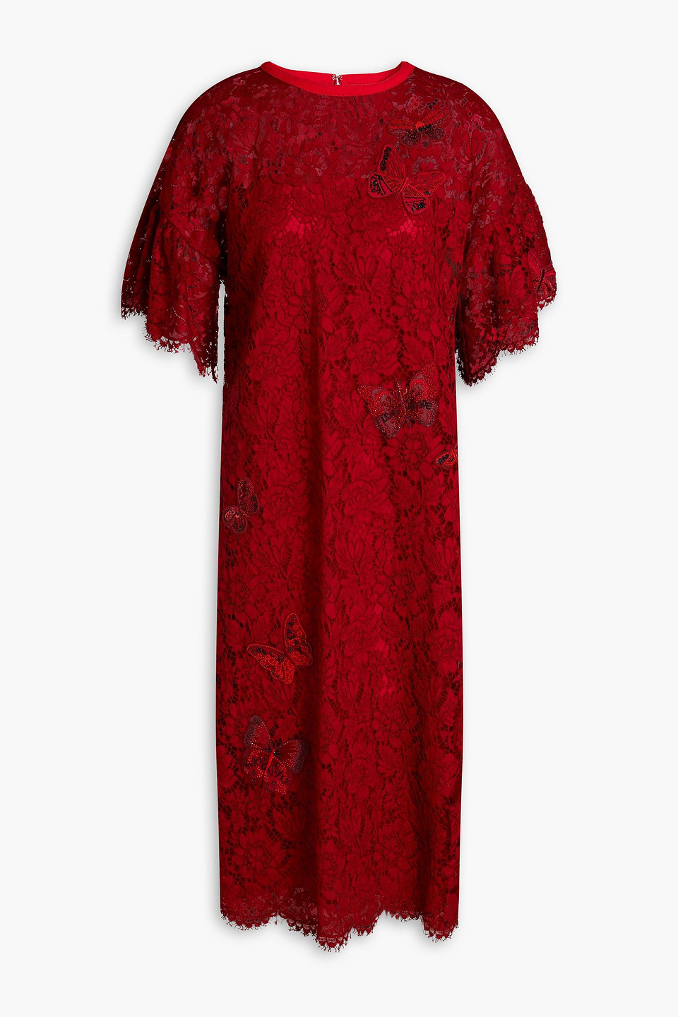 Valentino Embellished Corded Lace Midi Dress In Red