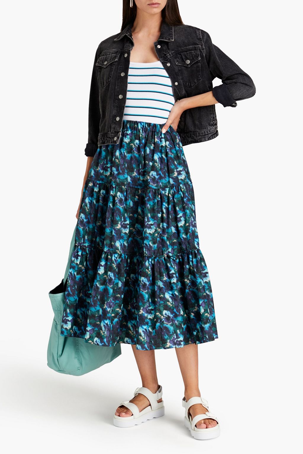 KENZO Gathered floral-print shell midi skirt