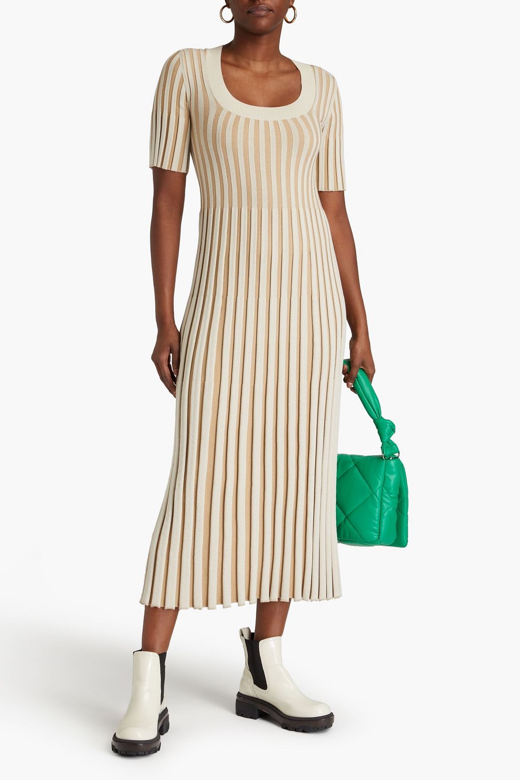 KENZO Pleated two-tone ribbed-knit midi dress