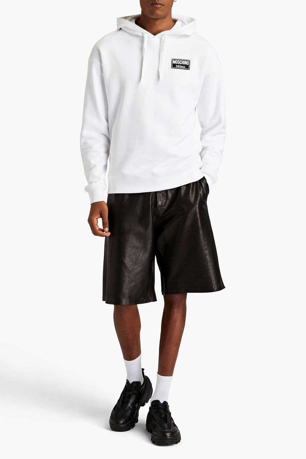 MOSCHINO Logo-appliquéd French cotton-terry drawstring hoodie