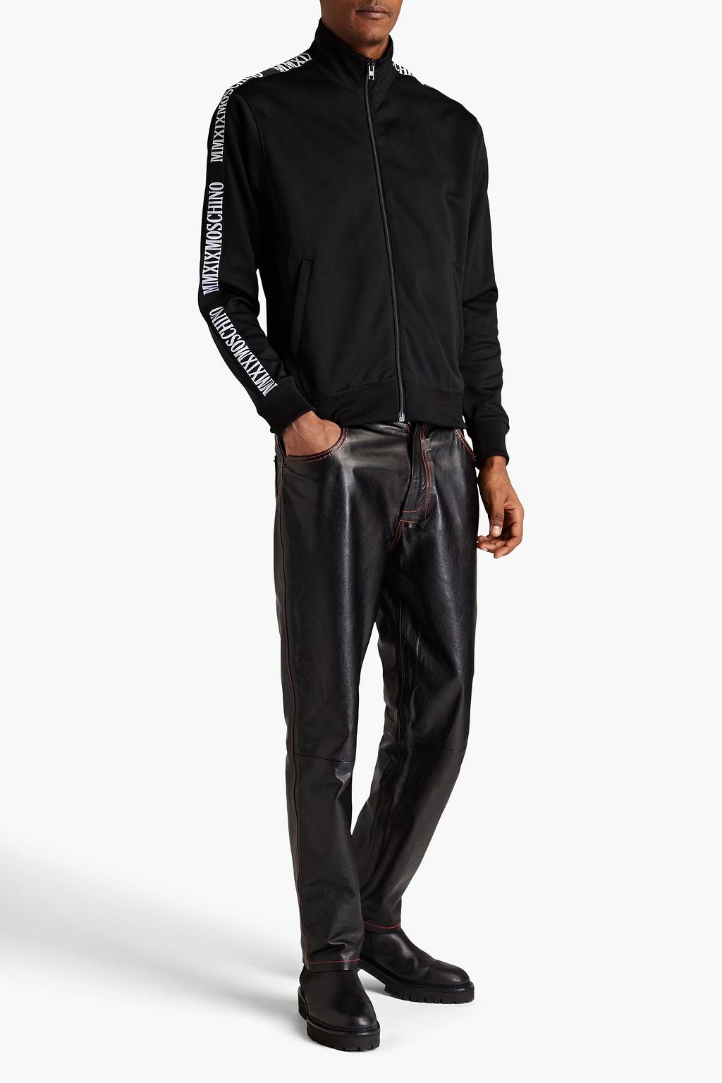 MOSCHINO Jacquard-trimmed satin-jersey zip-up track jacket