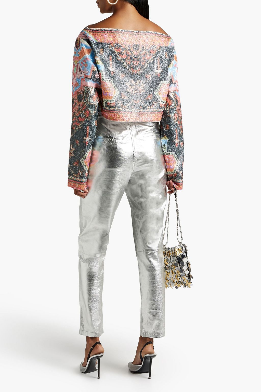 BALMAIN Off-the-shoulder sequined printed tulle top