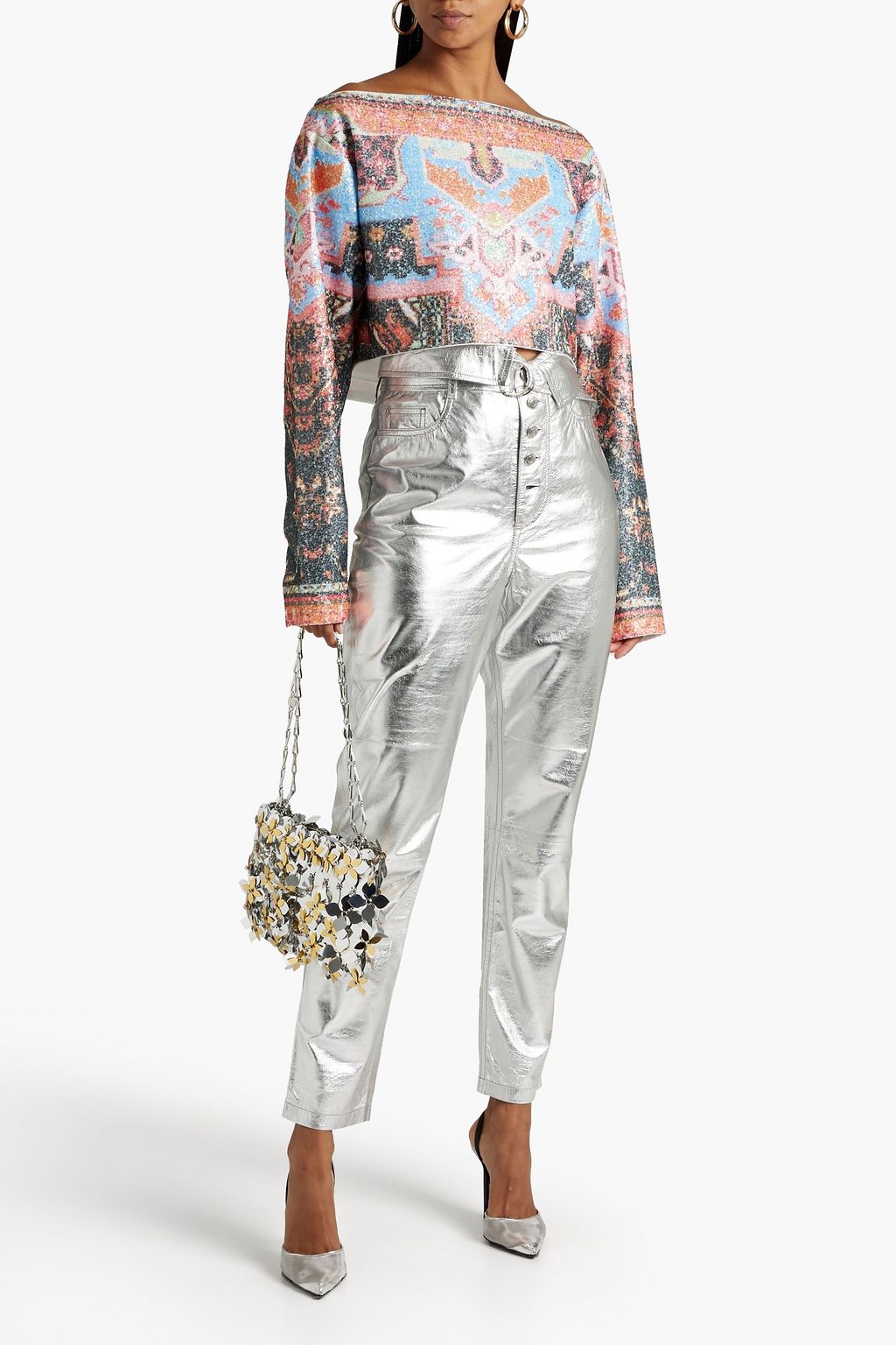 BALMAIN Off-the-shoulder sequined printed tulle top
