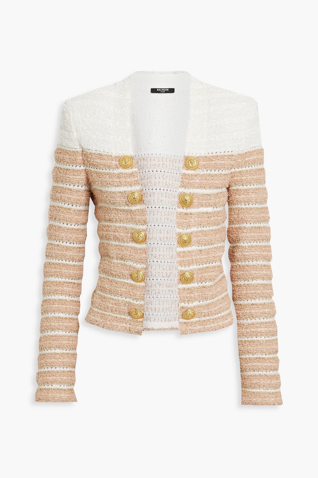 Balmain - Button-embellished Metallic Striped Bouclé-knit Jacket Neutral - FR 34