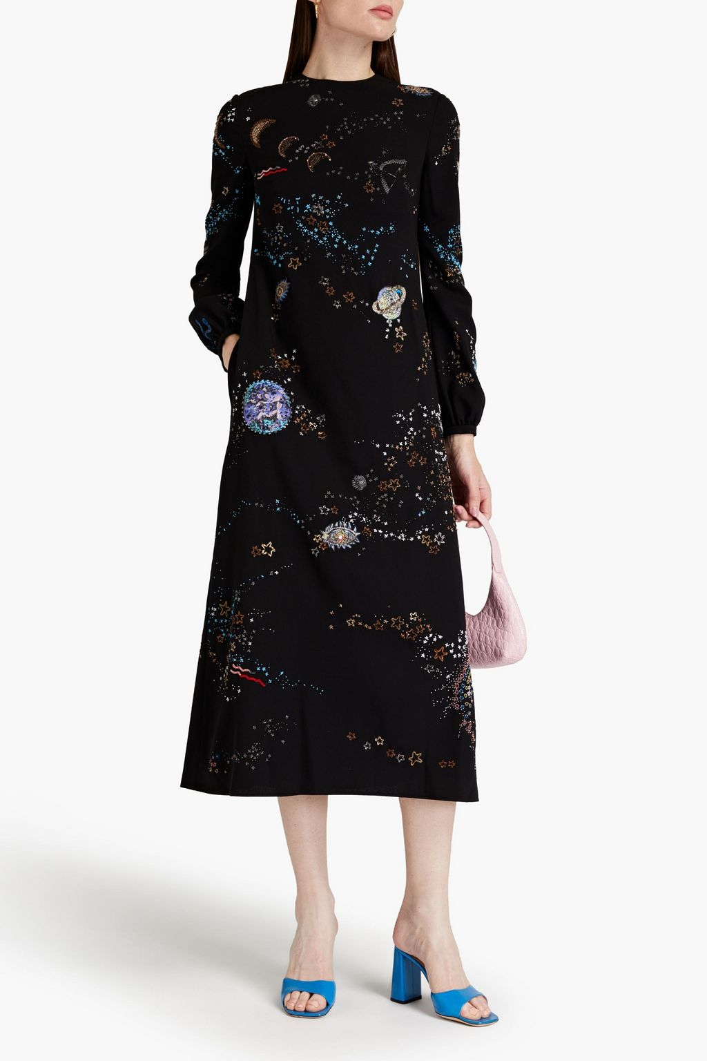VALENTINO GARAVANI Embellished wool-blend crepe midi dress