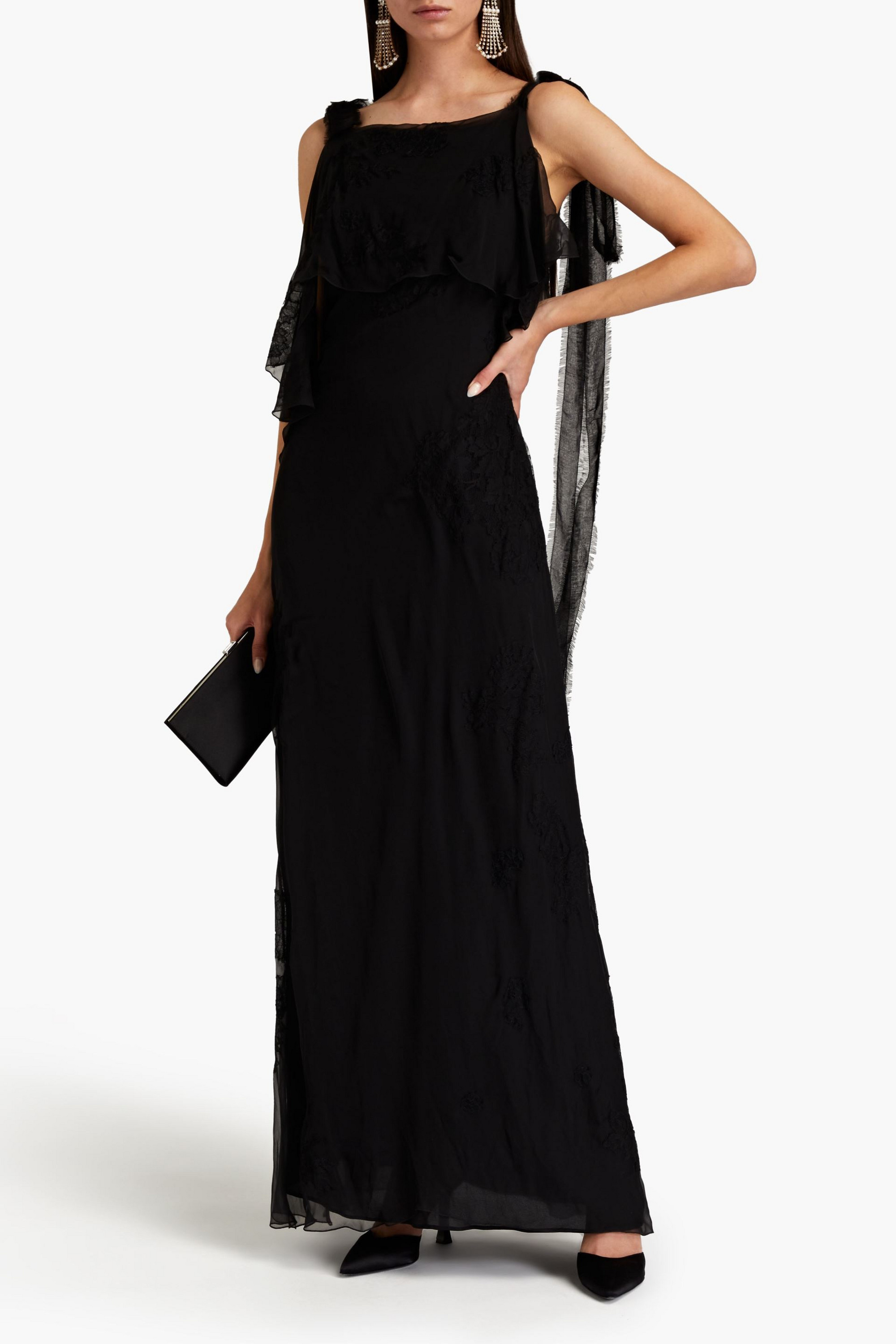 Valentino Garavani Lace-trimmed draped silk-voile gown