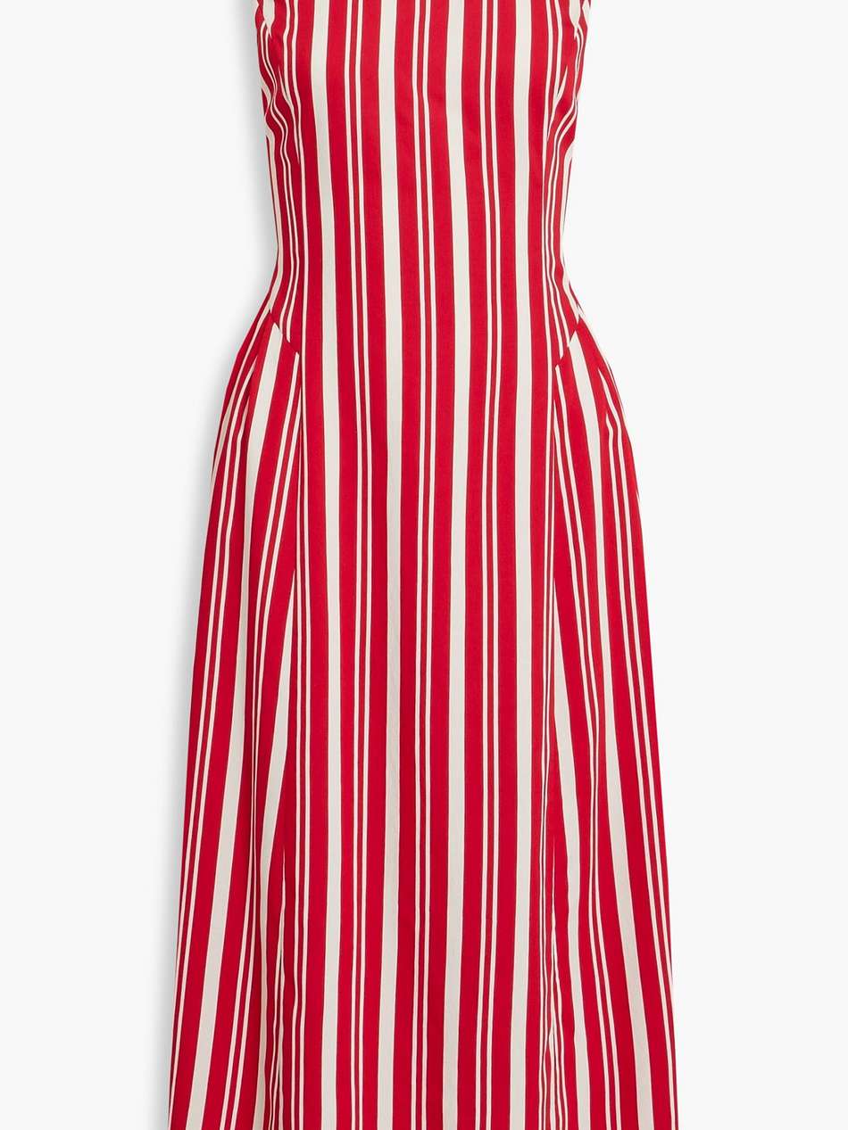 pleated striped crepe midi dress