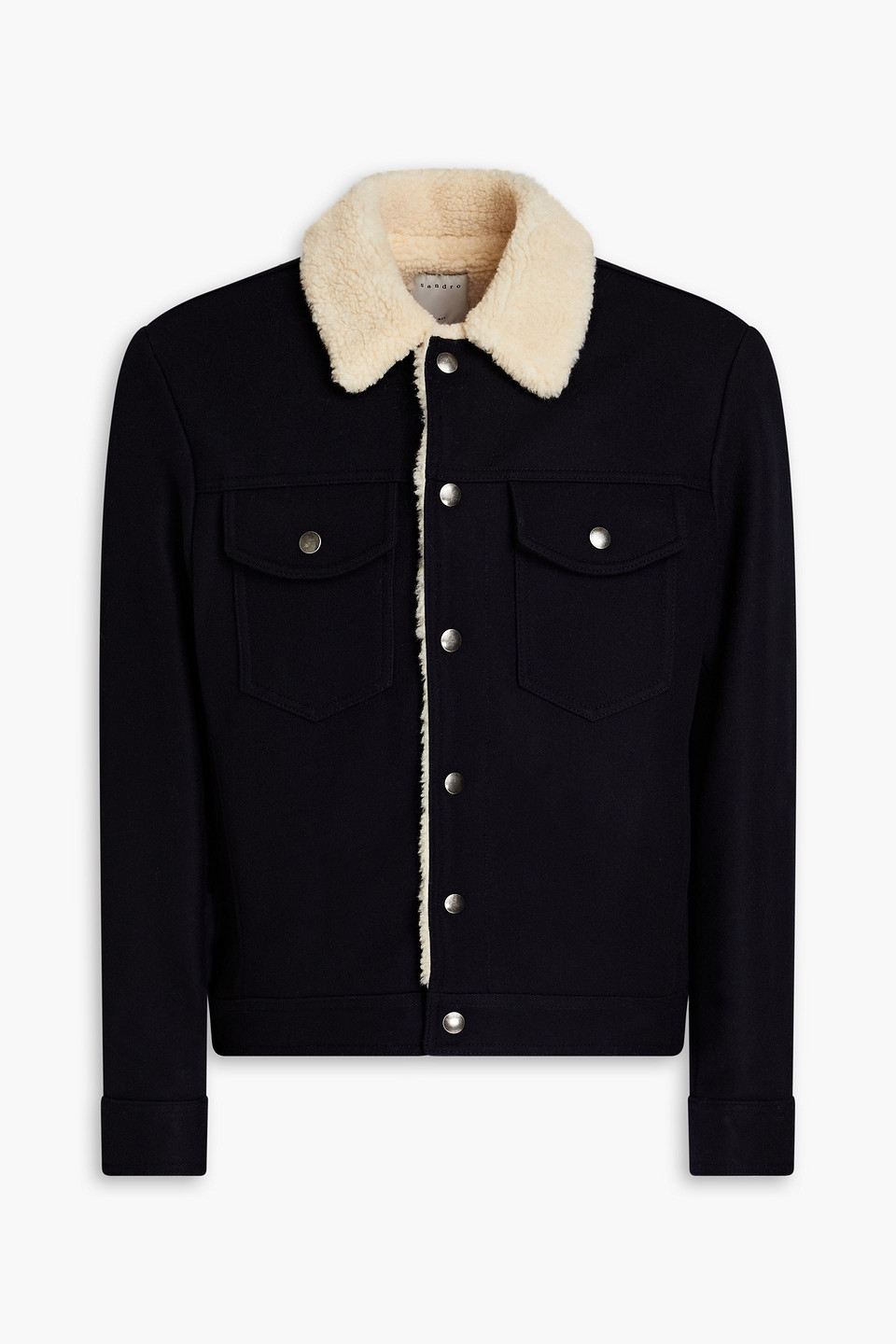 Sandro Faux Shearling-trimmed Wool-blend Felt Jacket In Black