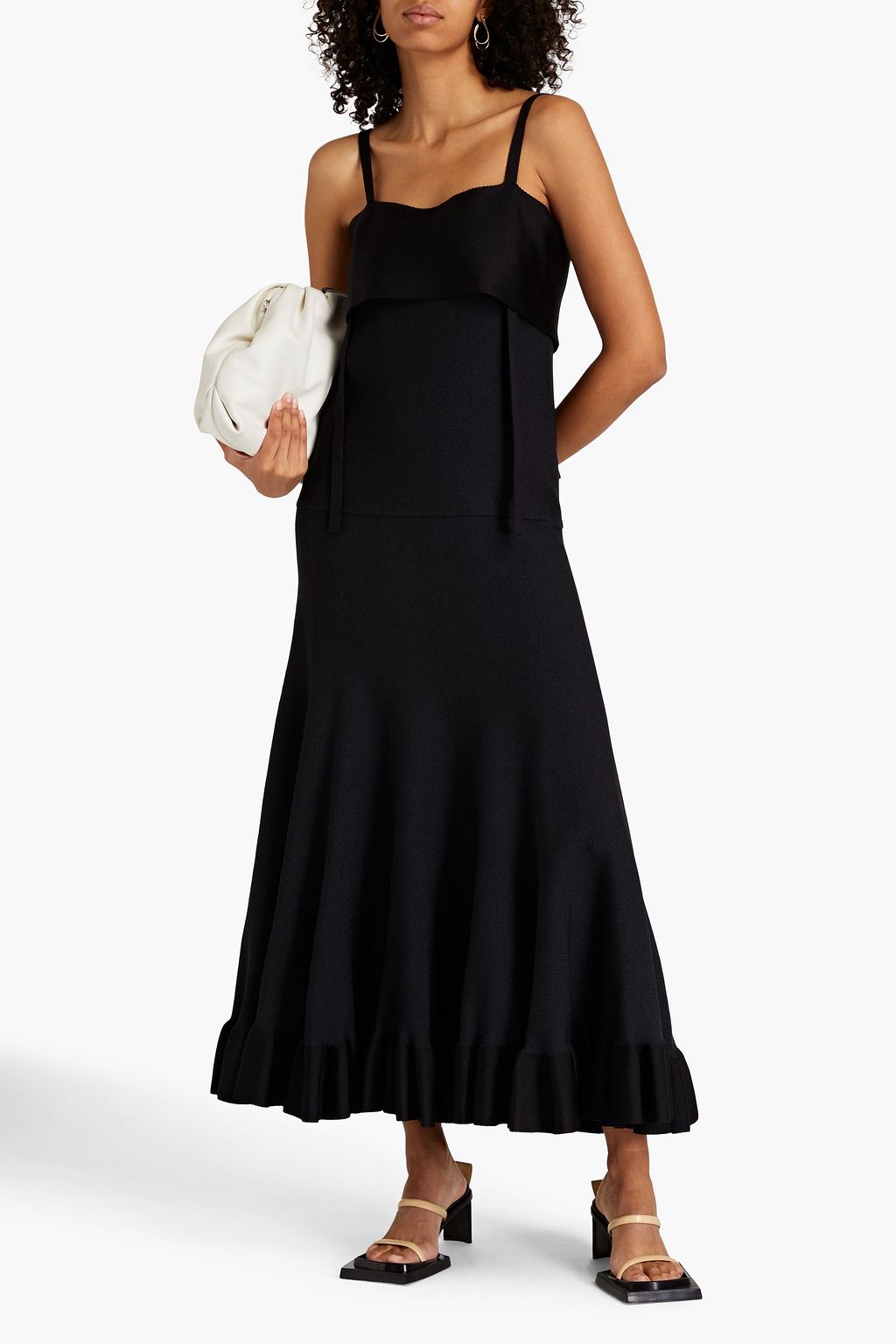 JIL SANDER シルク混ポンテ マキシワンピース ラッフル付き