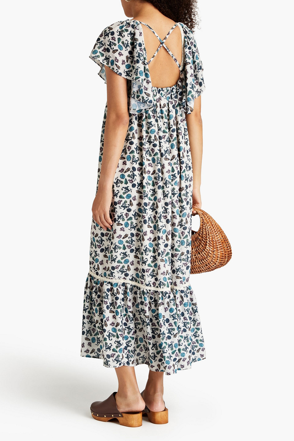 Shop Sensi Studio Printed Crochet Lace-trimmed Crepe Midi Dress In Ecru