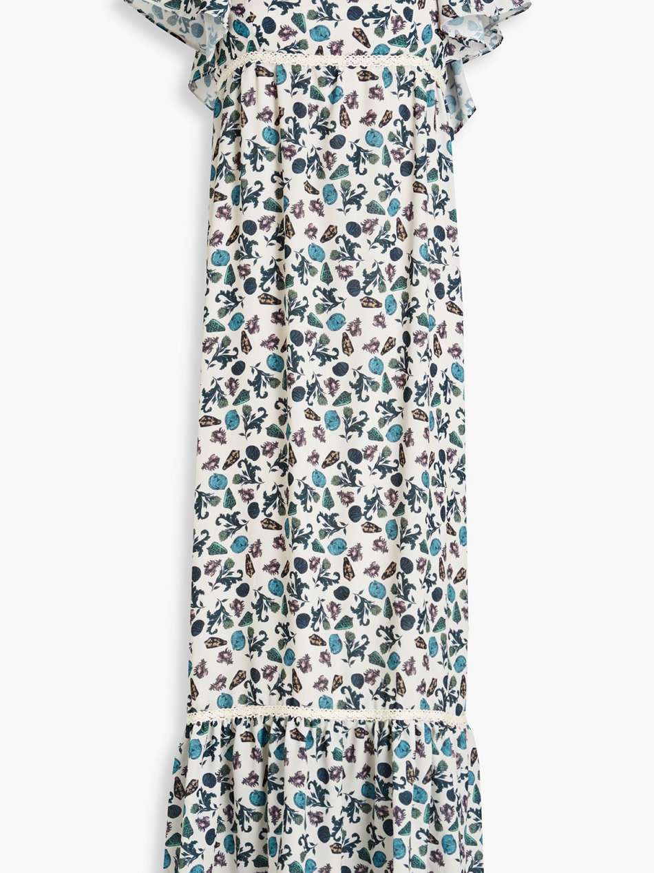 printed crochet lace-trimmed crepe midi dress