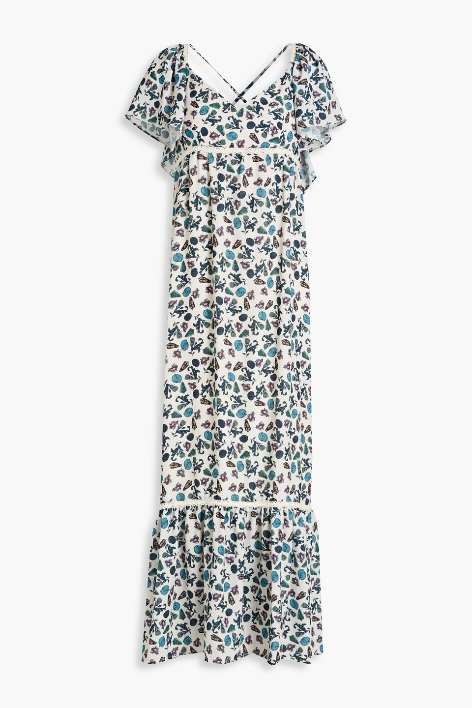 Printed crochet lace-trimmed crepe midi dress