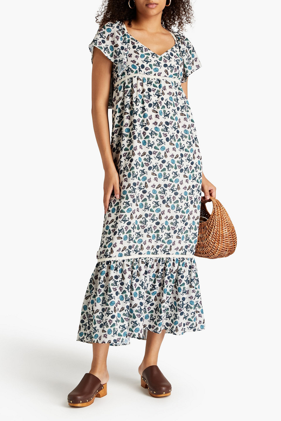 Shop Sensi Studio Printed Crochet Lace-trimmed Crepe Midi Dress In Ecru