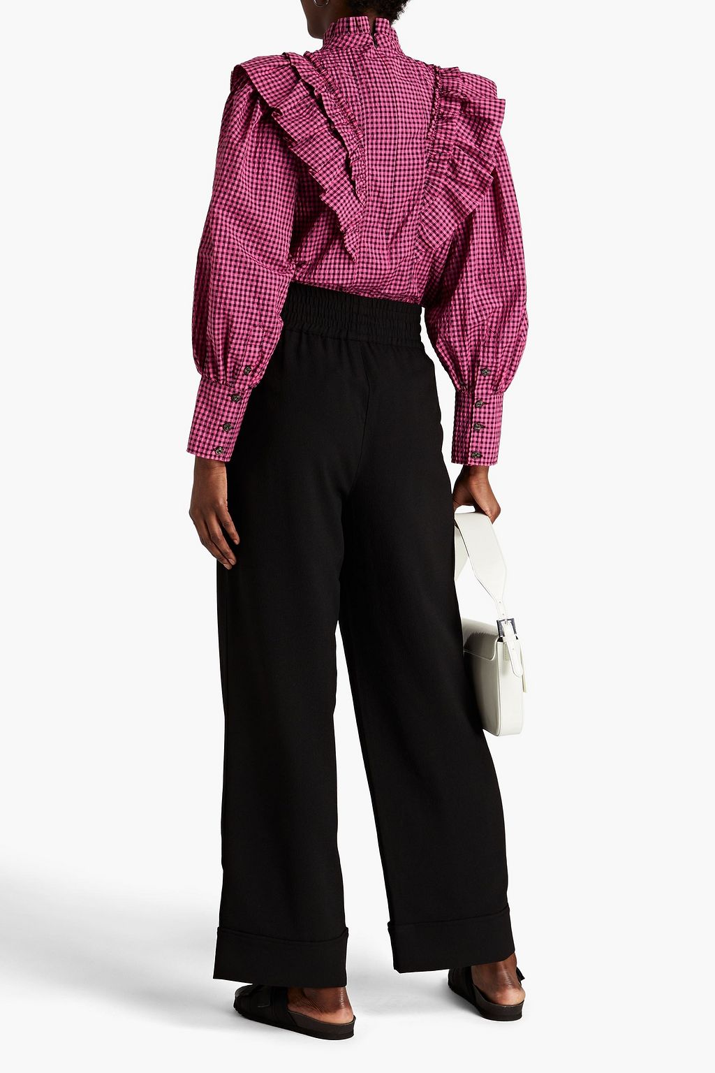 GANNI Ruffled gingham seersucker blouse