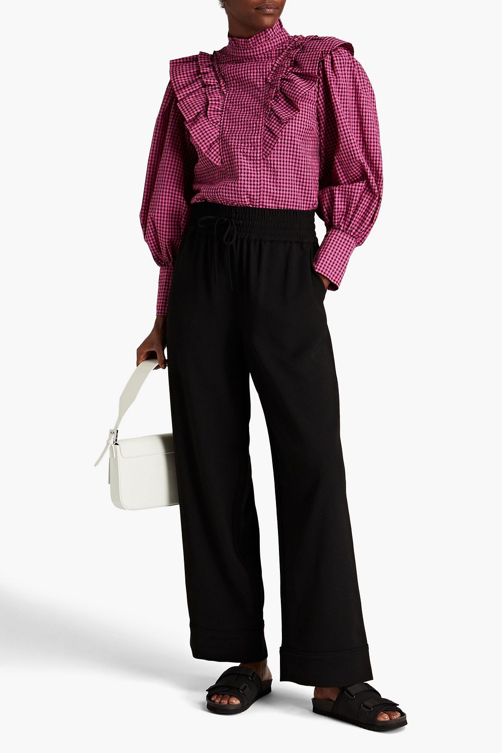 GANNI Ruffled gingham seersucker blouse