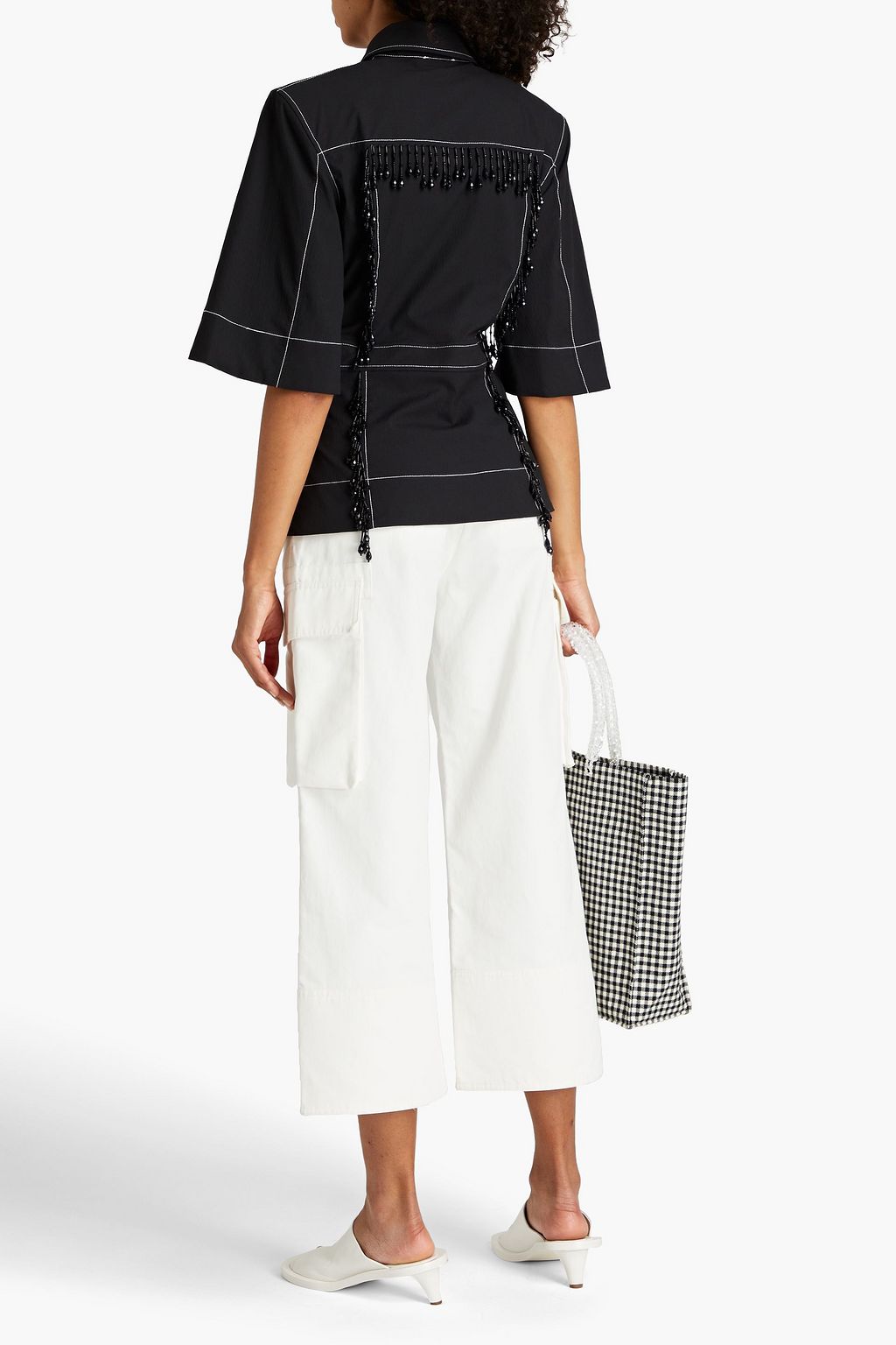 GANNI Embellished cotton-blend crepe wrap blouse