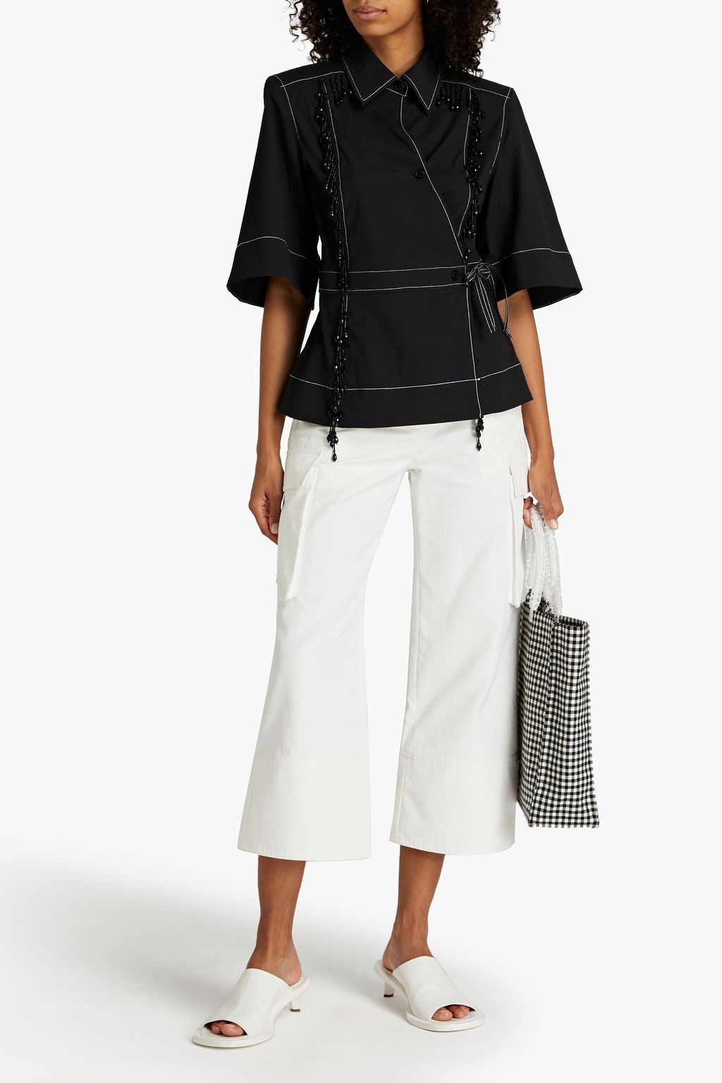GANNI Embellished cotton-blend crepe wrap blouse