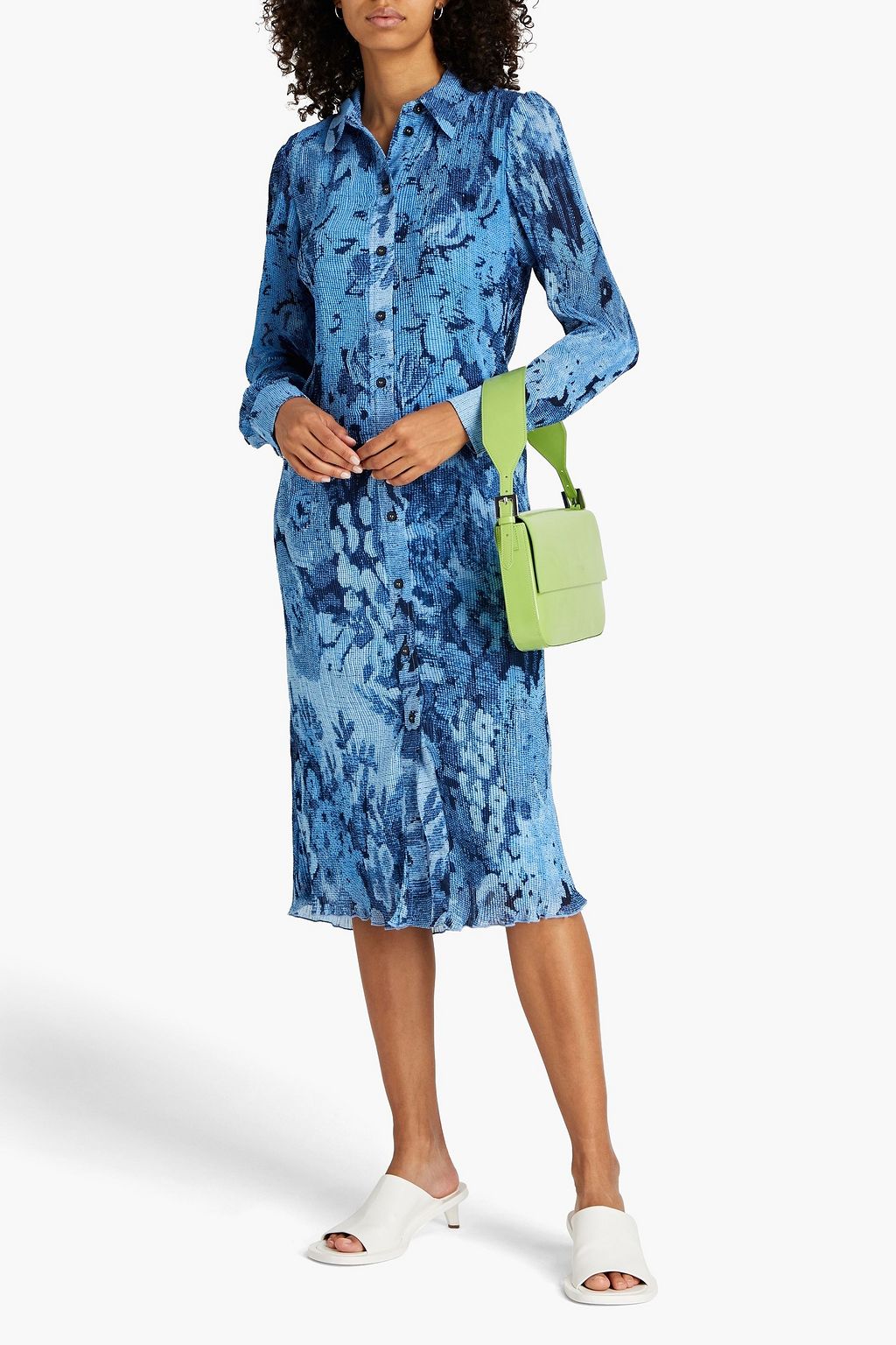 GANNI Printed plissé-georgette midi shirt dress