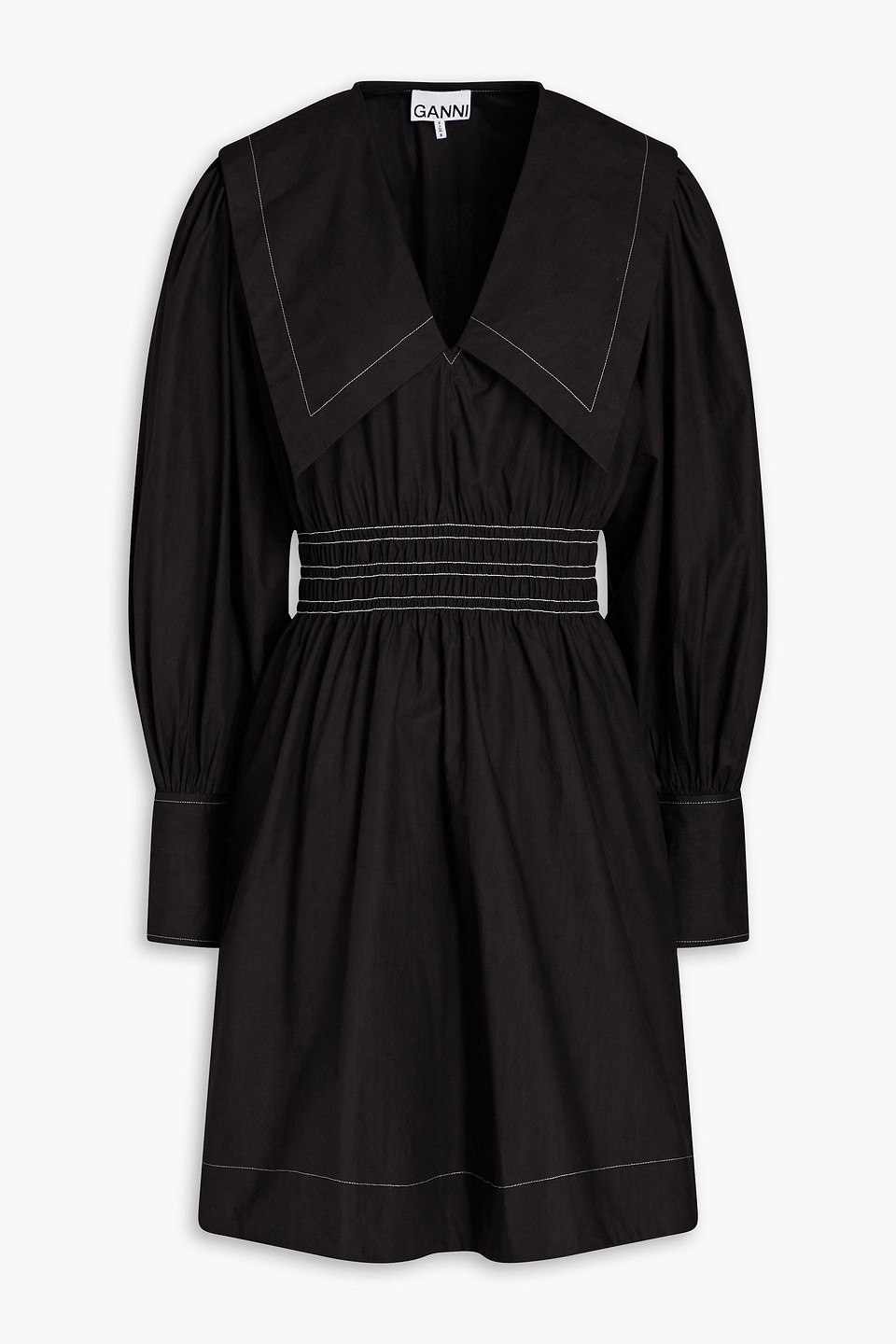 Ganni Shirred Cotton-poplin Mini Dress In Black | ModeSens