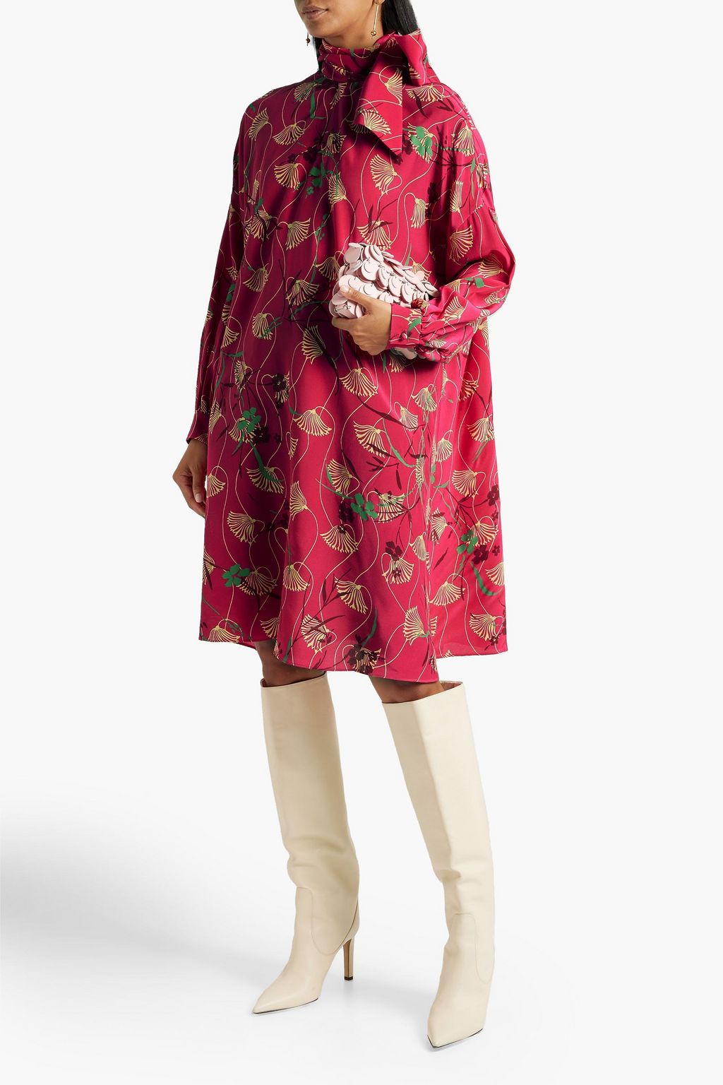 VALENTINO GARAVANI Pussy-bow floral-print silk crepe de chine dress