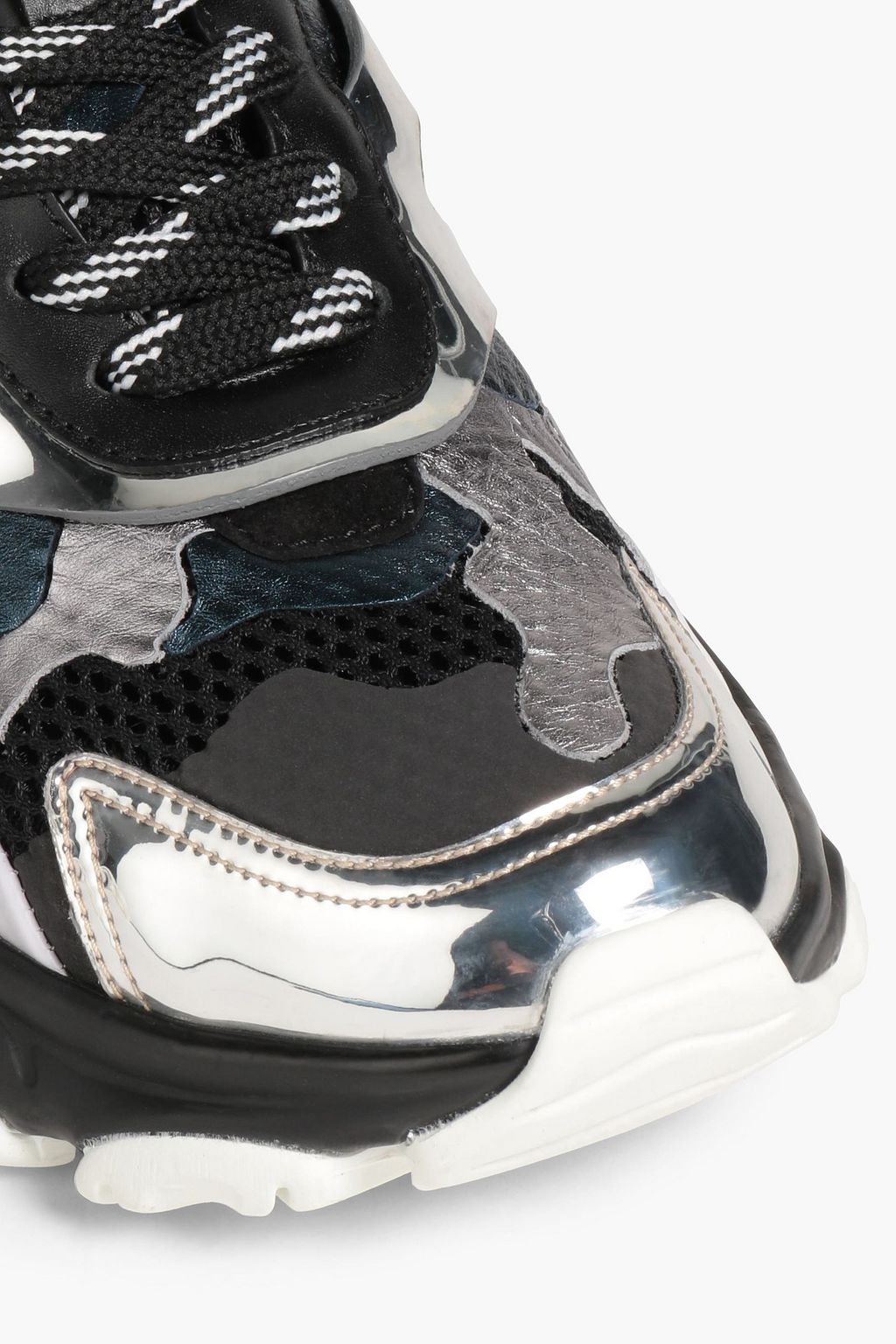 VALENTINO GARAVANI Camouflage-print mesh and mirrored-leather sneakers