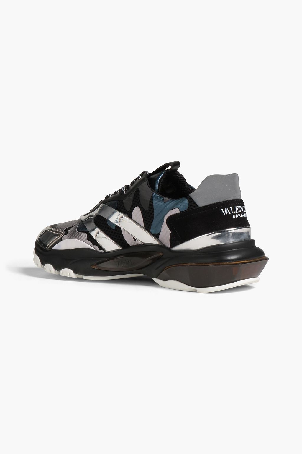 VALENTINO GARAVANI Camouflage-print mesh and mirrored-leather sneakers