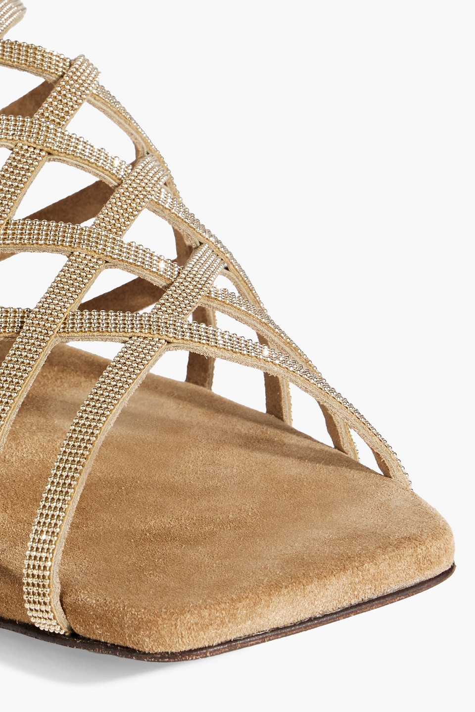 Brunello Cucinelli Suede Monili Caged Sandals In Gold