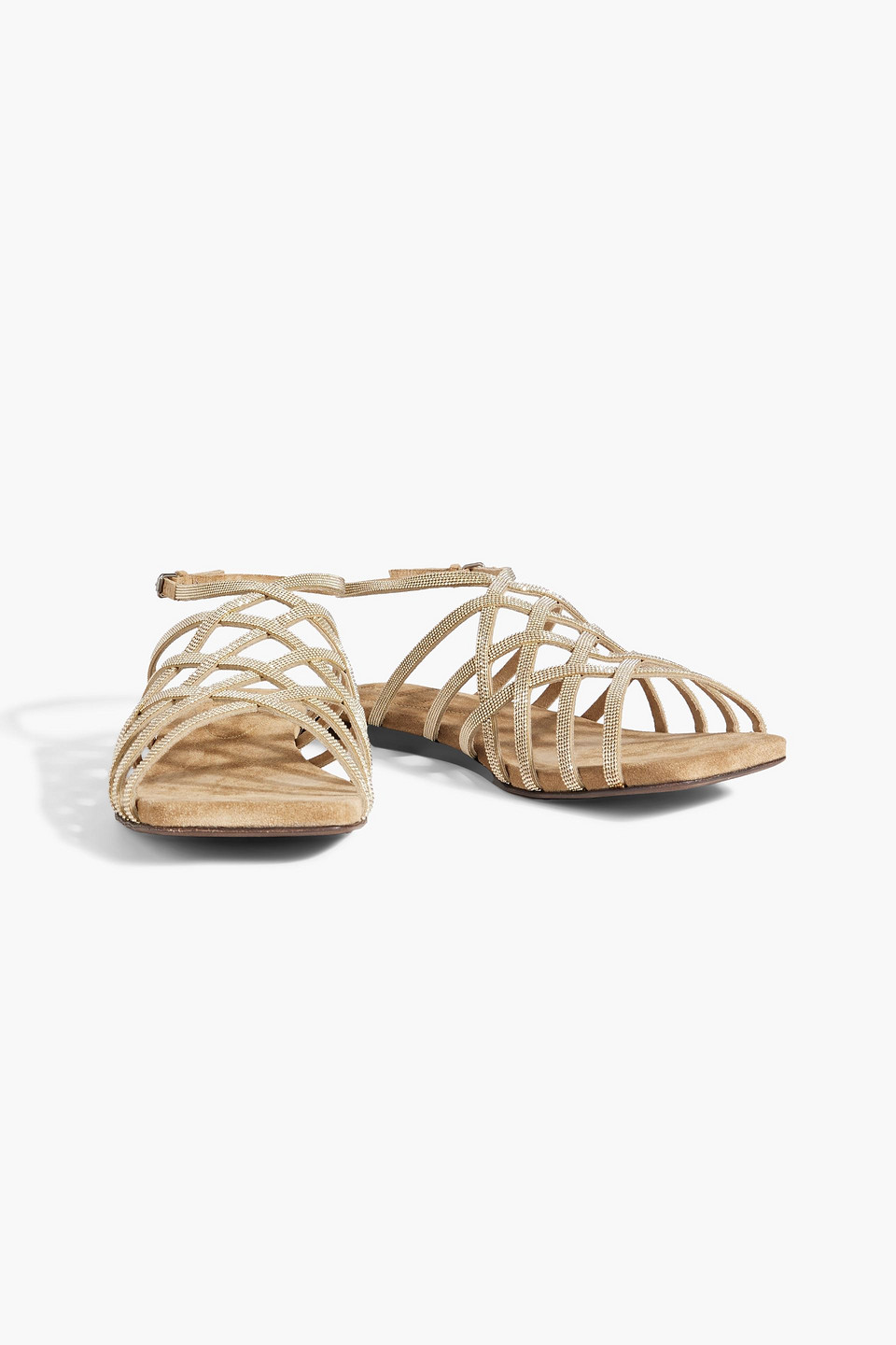 Shop Brunello Cucinelli Bead-embellished Suede Sandals In Gold