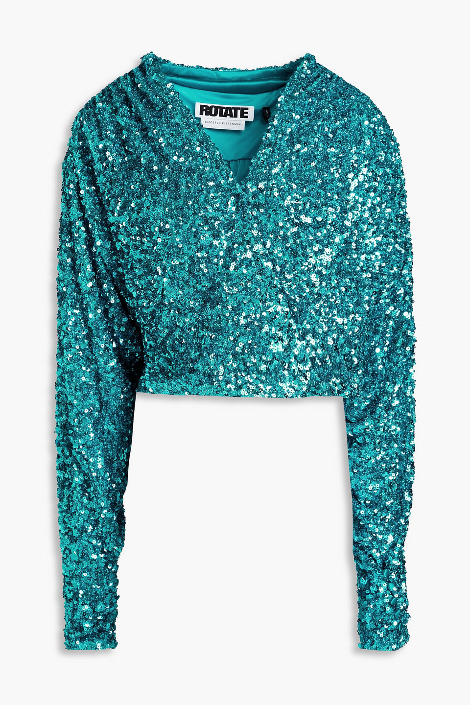Rotate Birger Christensen Aurelia Cropped Sequined Stretch-jersey Wrap Top In Turquoise