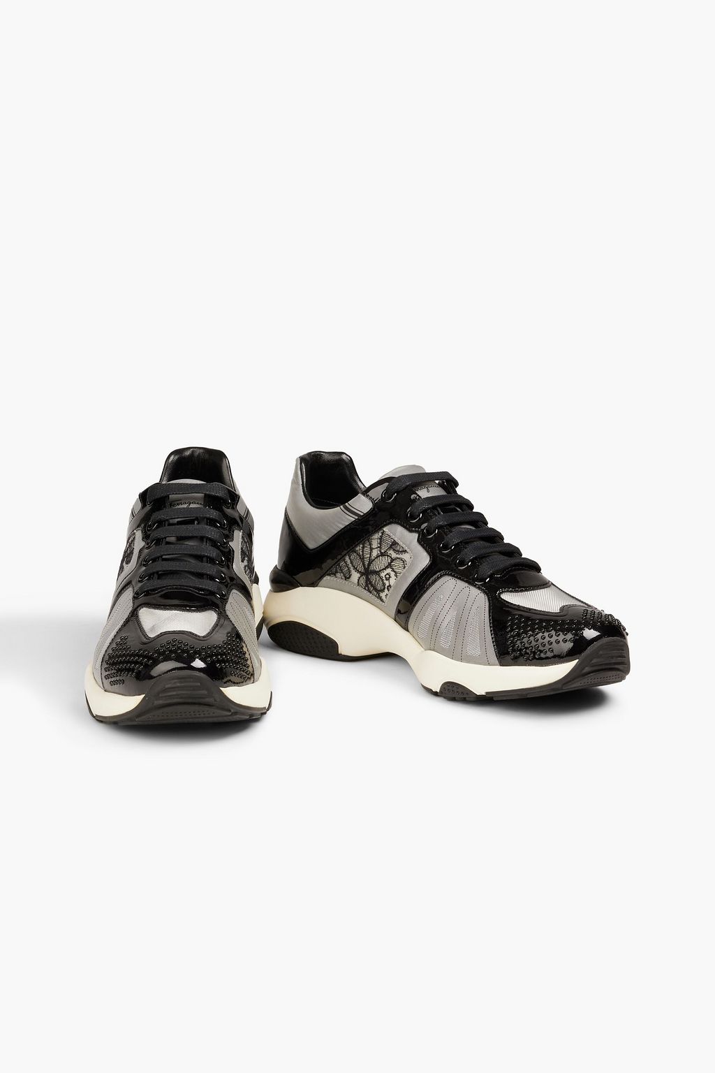FERRAGAMO Gingi mesh, patent-leather and shell sneakers