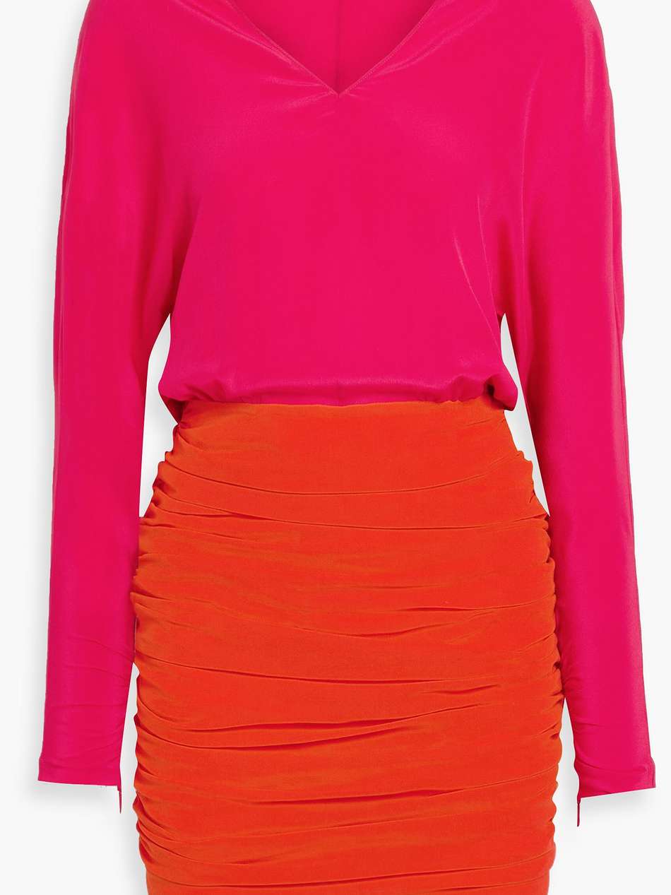 ruched two-tone silk-blend crepe mini dress