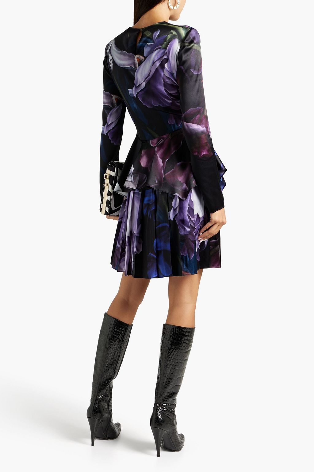 ROBERTO CAVALLI Pleated floral-print silk-blend peplum mini dress