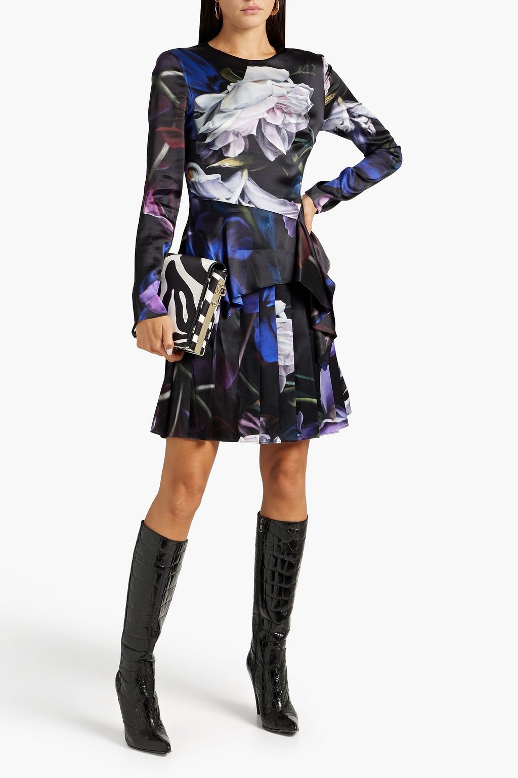 ROBERTO CAVALLI Pleated floral-print silk-blend peplum mini dress