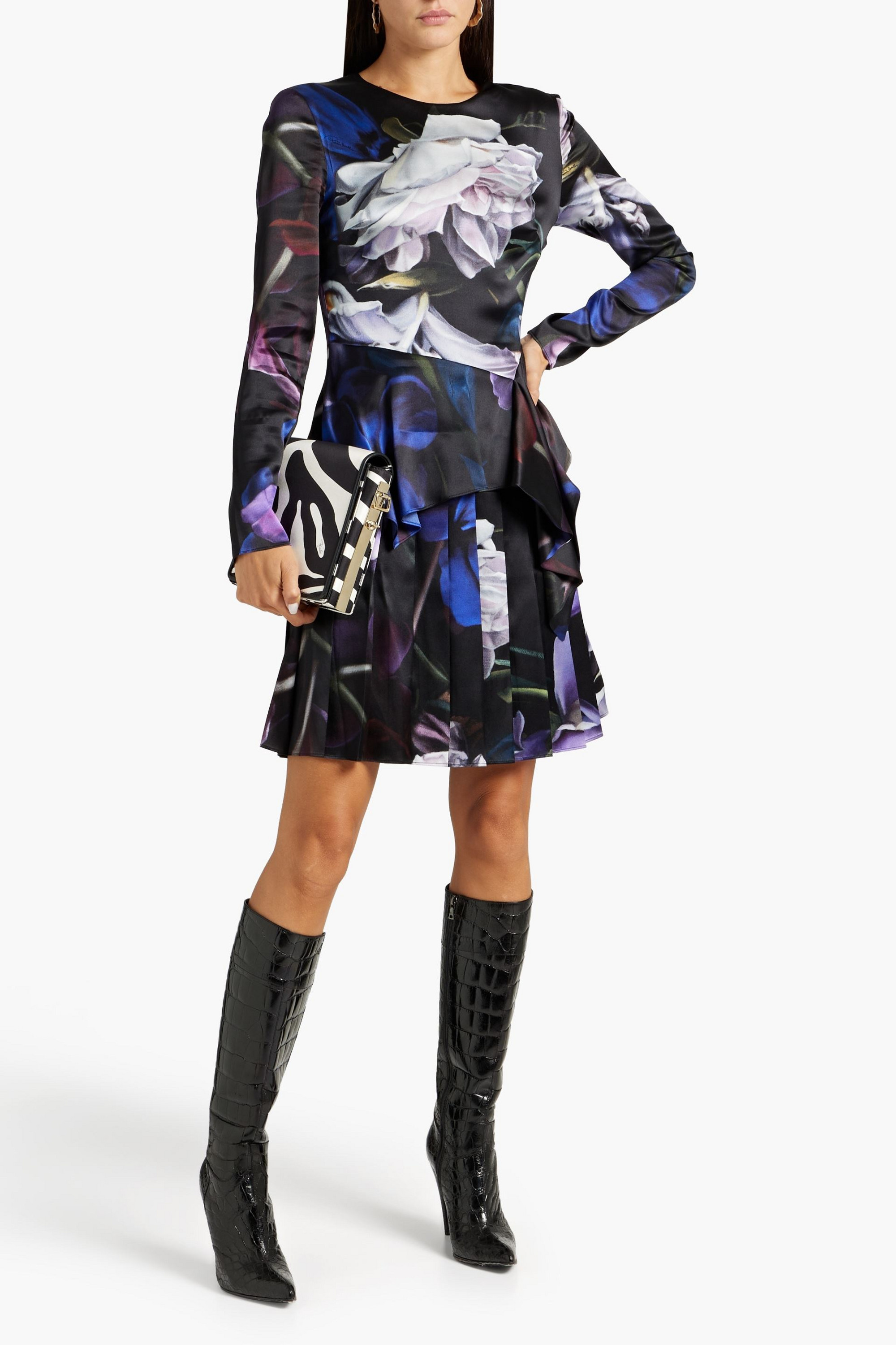 ROBERTO CAVALLI Pleated floral-print silk-blend peplum mini dress